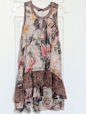 Women's (Medium) Sheer Lined Sleeveless Abstract Print High-Low Mini Dress